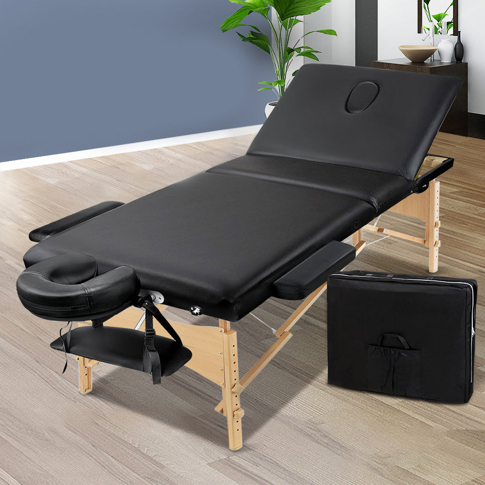 Portable 3 Fold Wood Massage Table - Black