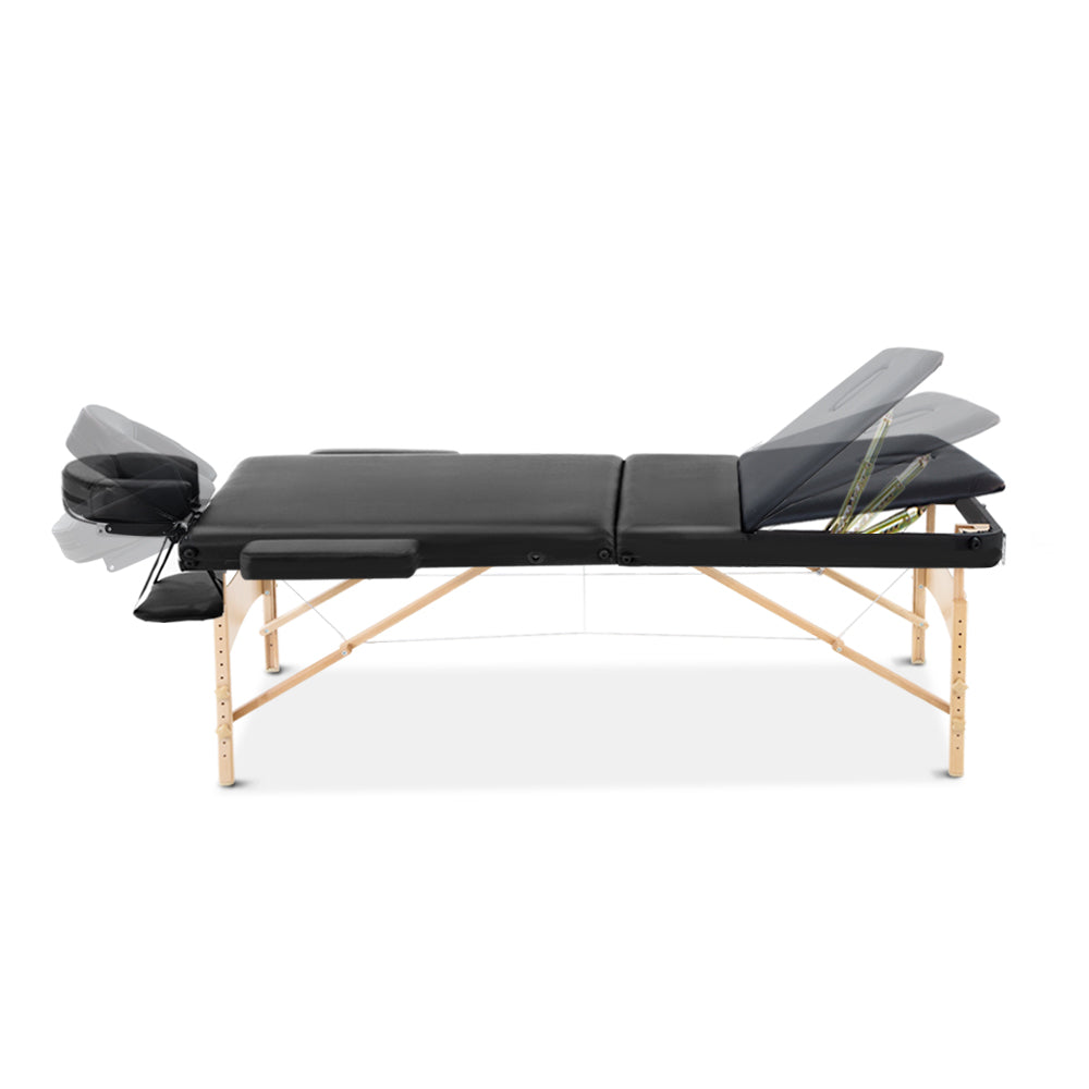 75cm Wide Portable Wooden Massage Table 3 Fold Treatment Beauty Therapy Black