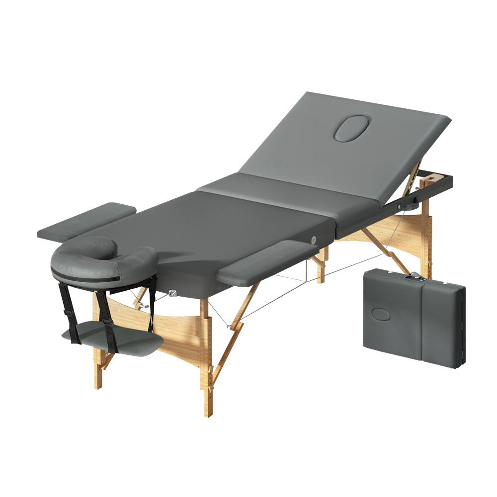 Massage Table Wooden Bed Portable 3 Fold Beauty Therapy Waxing 75CM Grey