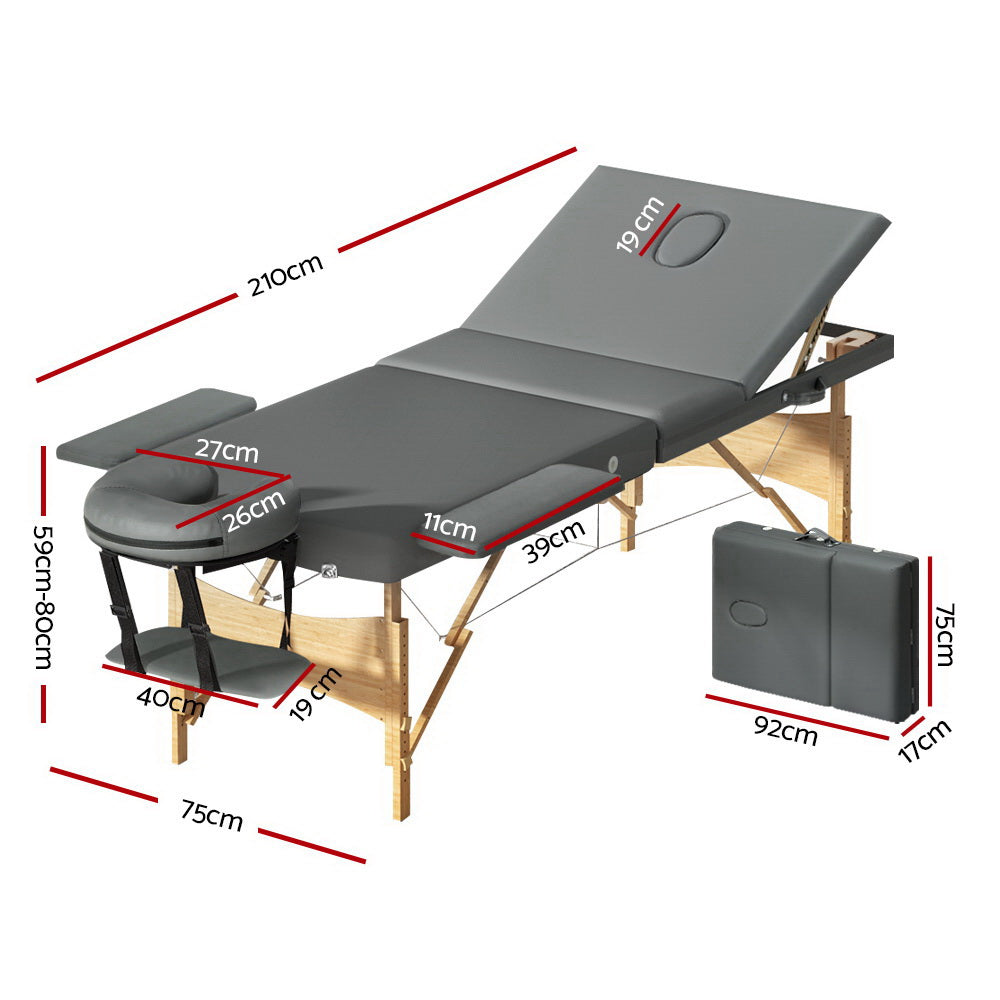 Massage Table Wooden Bed Portable 3 Fold Beauty Therapy Waxing 75CM Grey