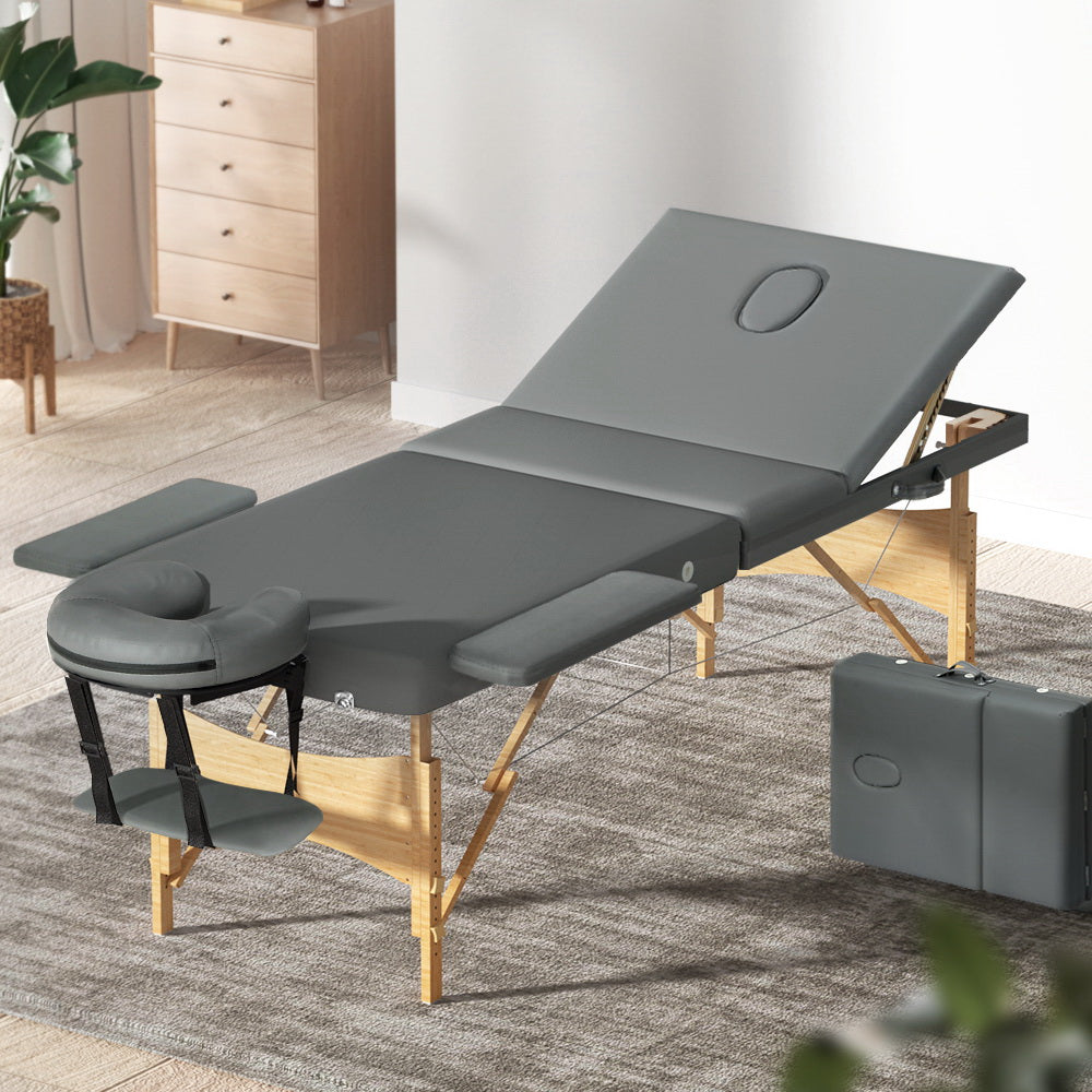 Massage Table Wooden Bed Portable 3 Fold Beauty Therapy Waxing 75CM Grey
