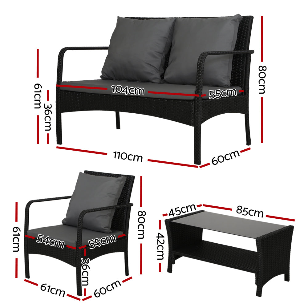 Outdoor Garden Patio Wicker Lounge Table Sofa Set Grey - 2 Seater