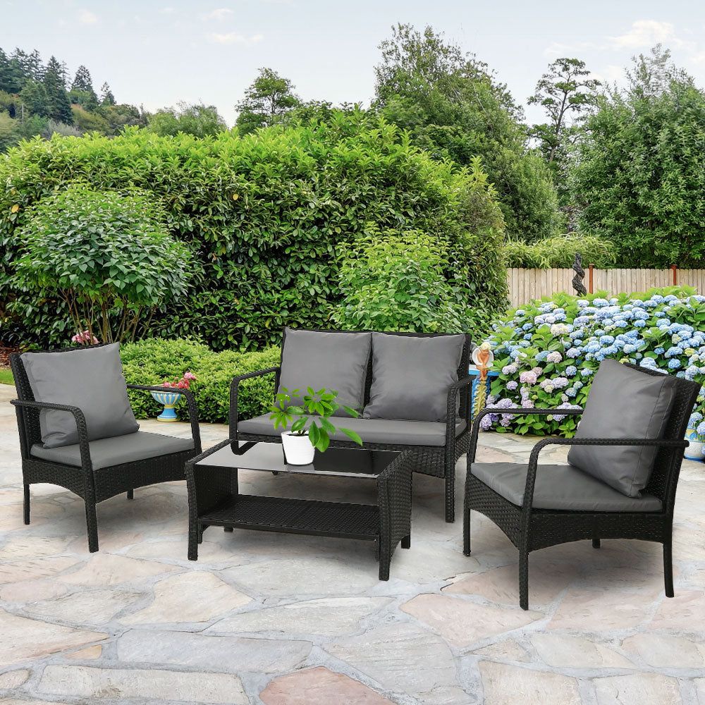 Outdoor Garden Patio Wicker Lounge Table Sofa Set Grey - 2 Seater