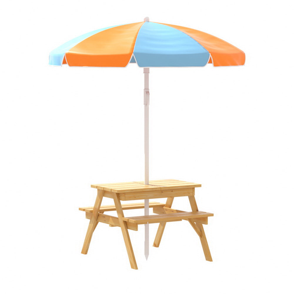 Kids Outdoor Table Chairs Picnic Bench Umbrella Sand Pit Box Set - Wood