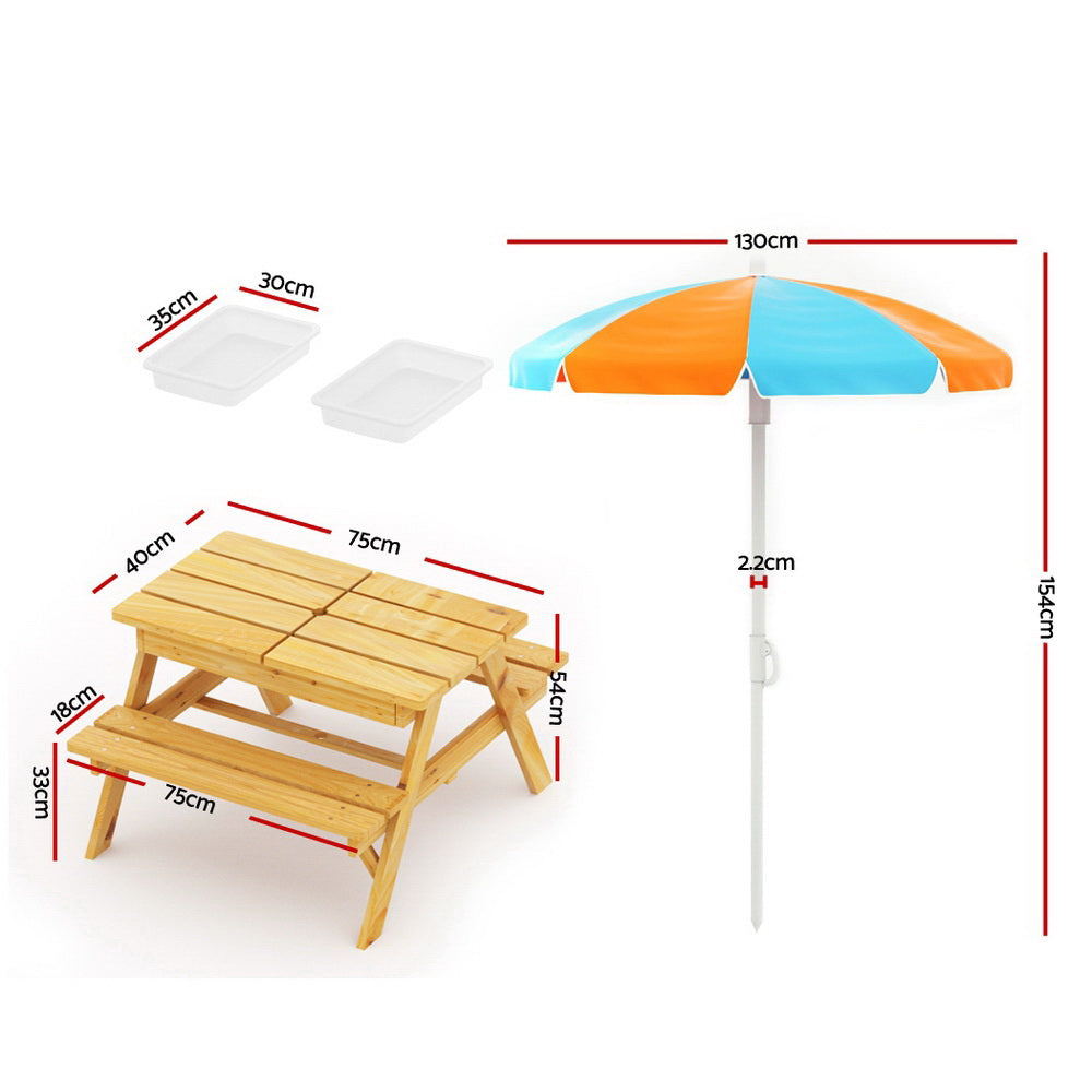 Kids Outdoor Table Chairs Picnic Bench Umbrella Sand Pit Box Set - Wood