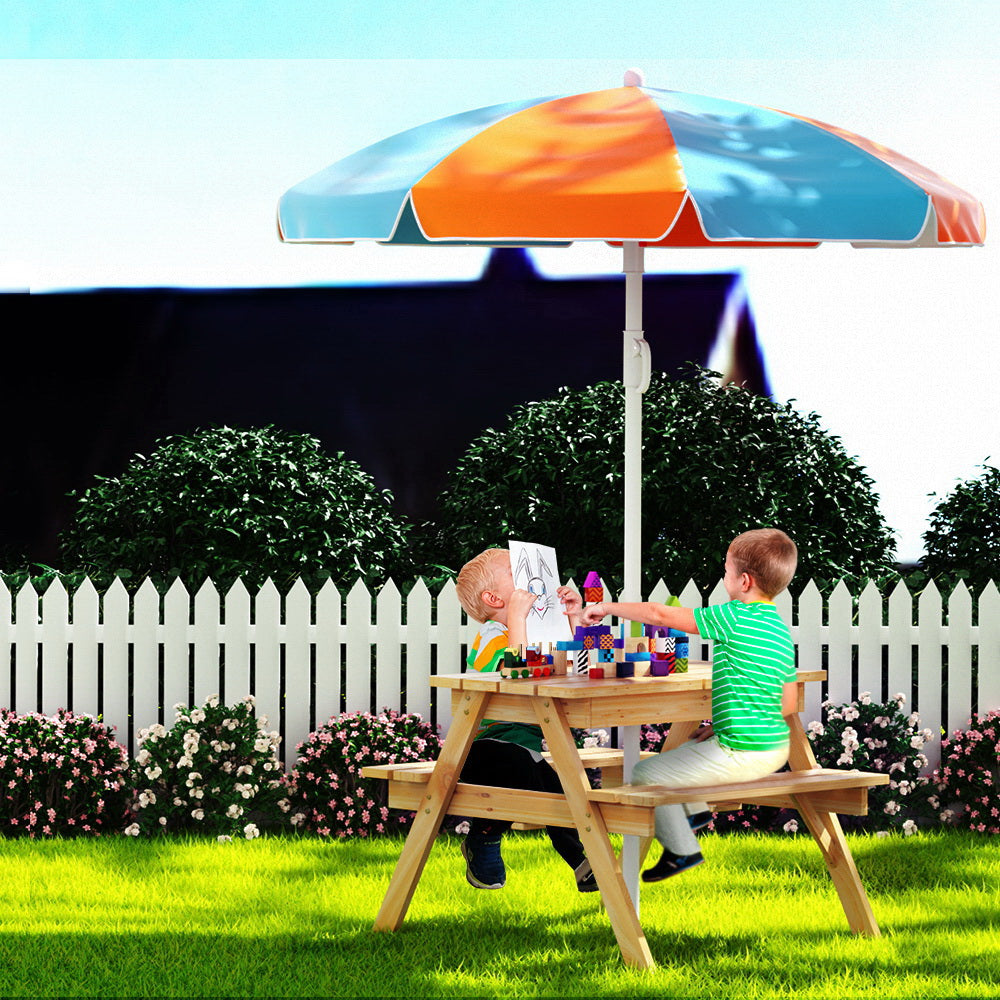 Kids Outdoor Table Chairs Picnic Bench Umbrella Sand Pit Box Set - Wood