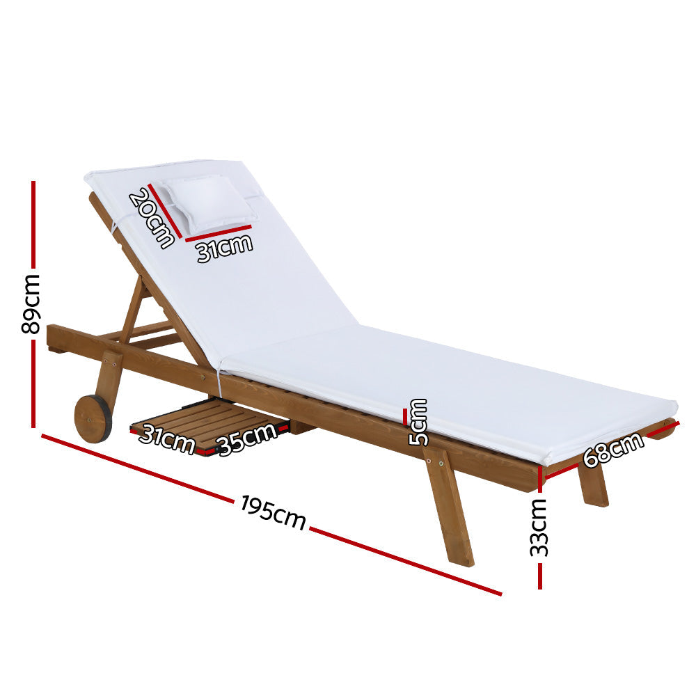 Sun Lounge Wooden Outdoor Furniture Bed Wheel Patio White - 2 Seater