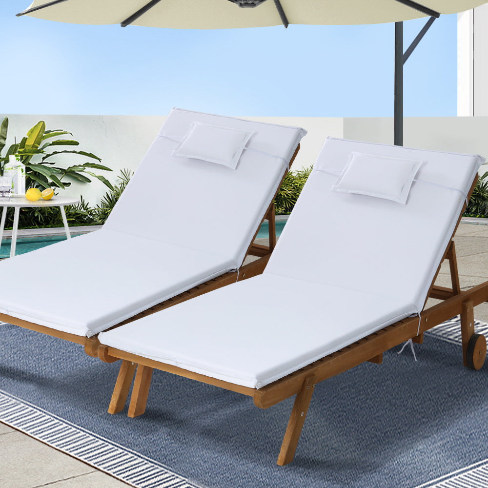Sun Lounge Wooden Outdoor Furniture Bed Wheel Patio White - 2 Seater
