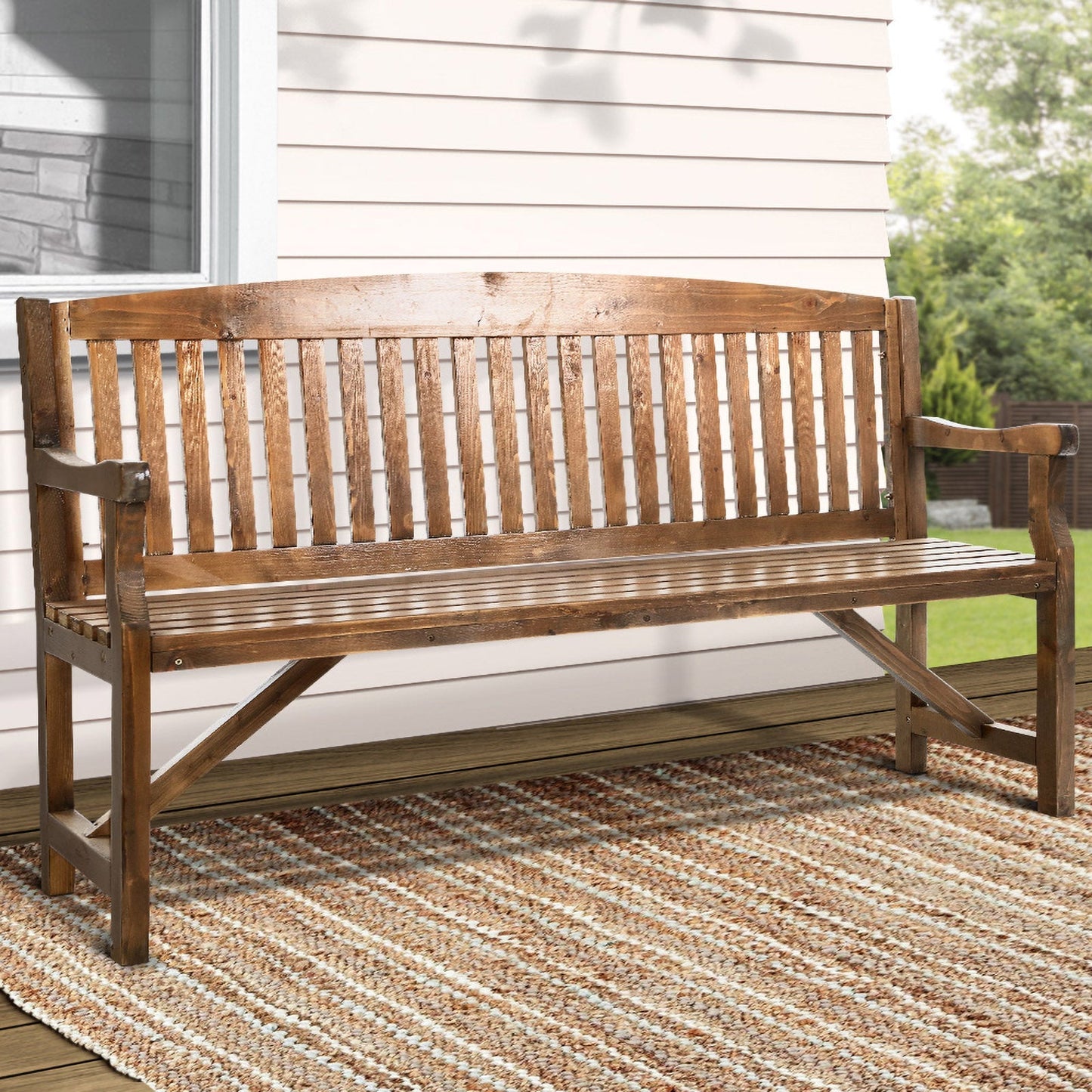Wooden Garden Bench Outdoor Furniture Decor Patio 3 Seater - Brown