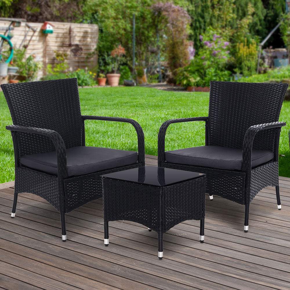 Outdoor Furniture Patio Wicker Chairs Table Set Black - Set of 3