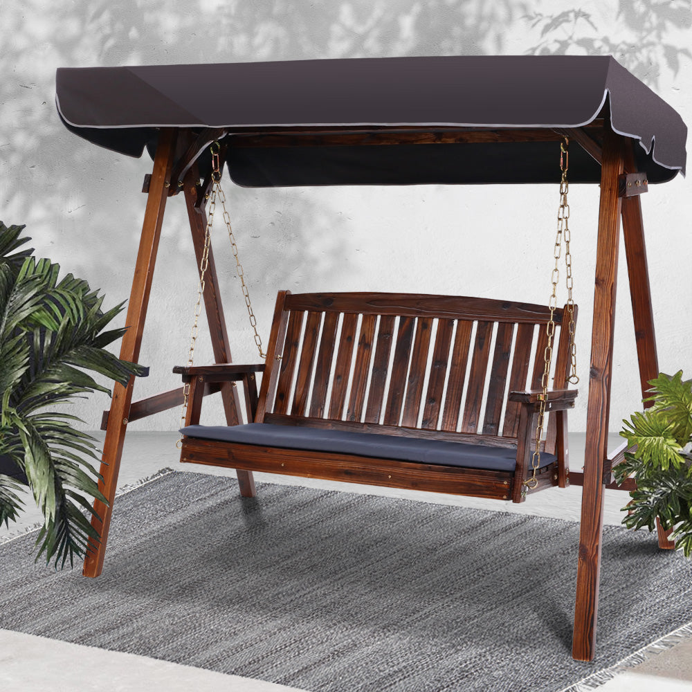 Wooden Swing Chair Canopy Outdoor Garden Bench - Brown