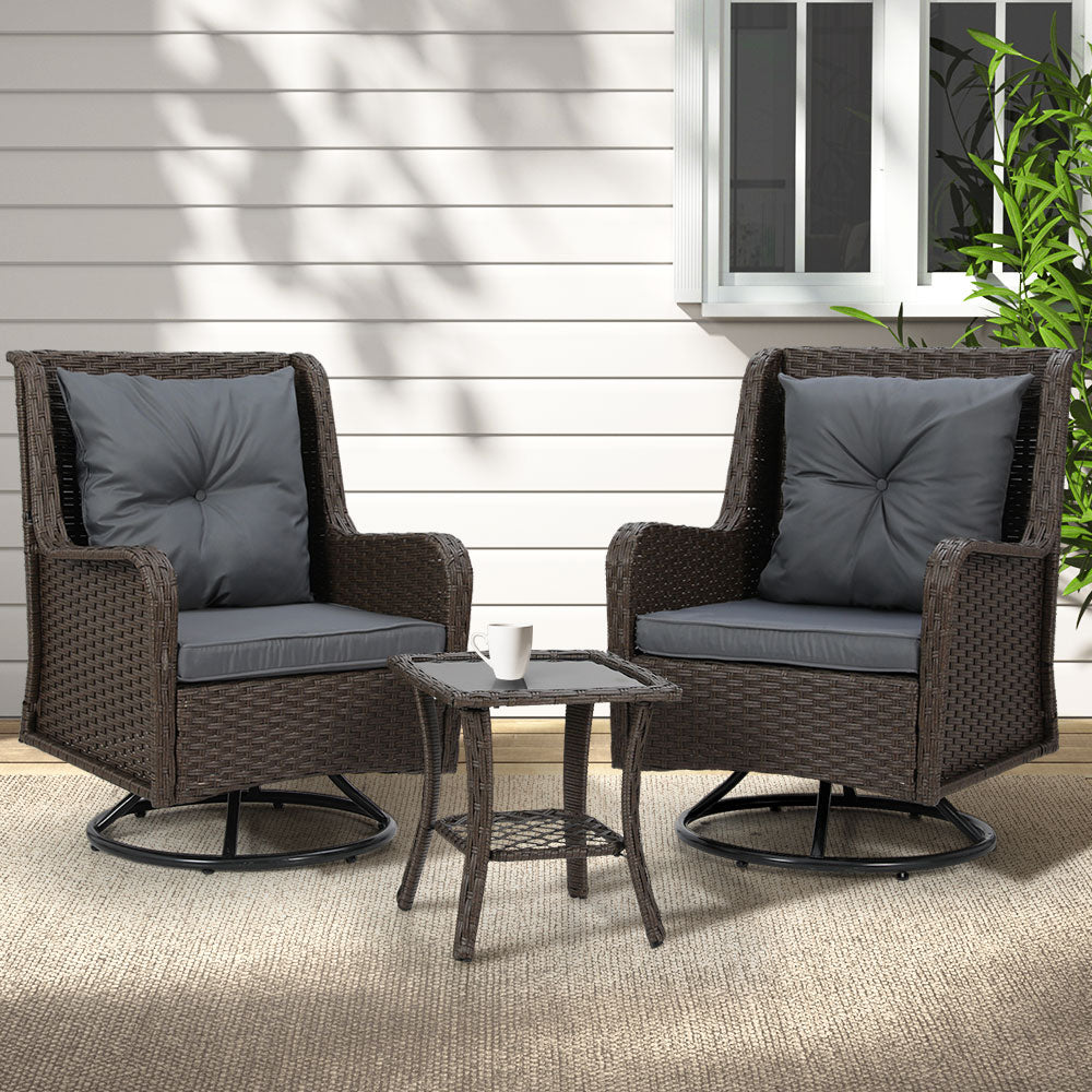 Outdoor Patio Furniture Swivel Chair Table Bistro Lounge Set - 3pcs