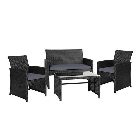 Rattan Furniture Outdoor Lounge Set with Storage Cover - Black