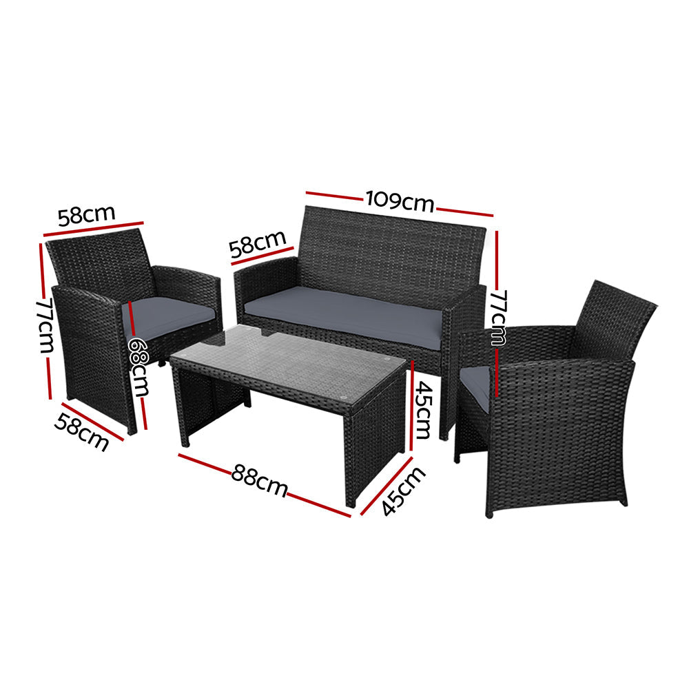 Rattan Furniture Outdoor Lounge Set with Storage Cover - Black