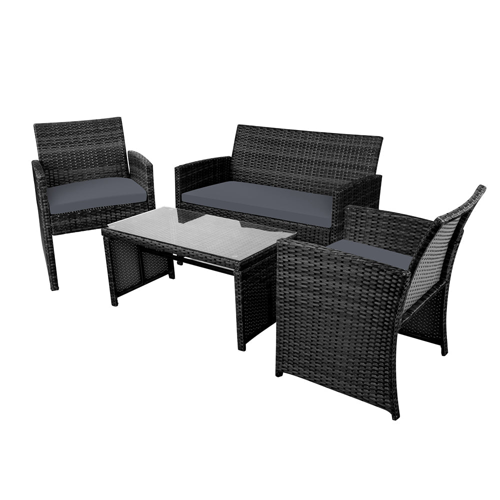 Rattan Furniture Outdoor Lounge Set with Storage Cover - Black