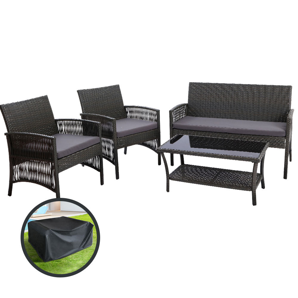Outdoor Furniture Garden Rattan Patio Table Chairs Lounge Set - Black