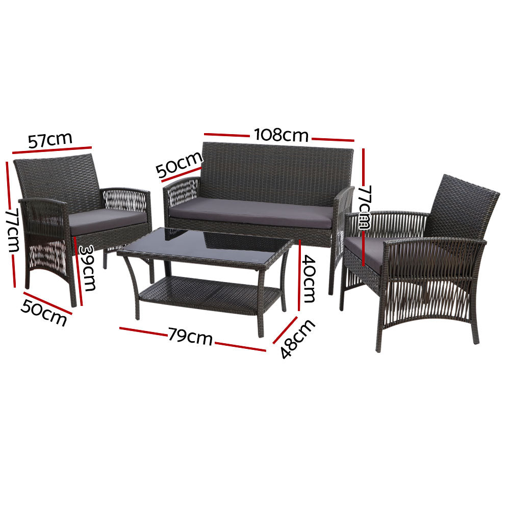 Outdoor Furniture Garden Rattan Patio Table Chairs Lounge Set - Black