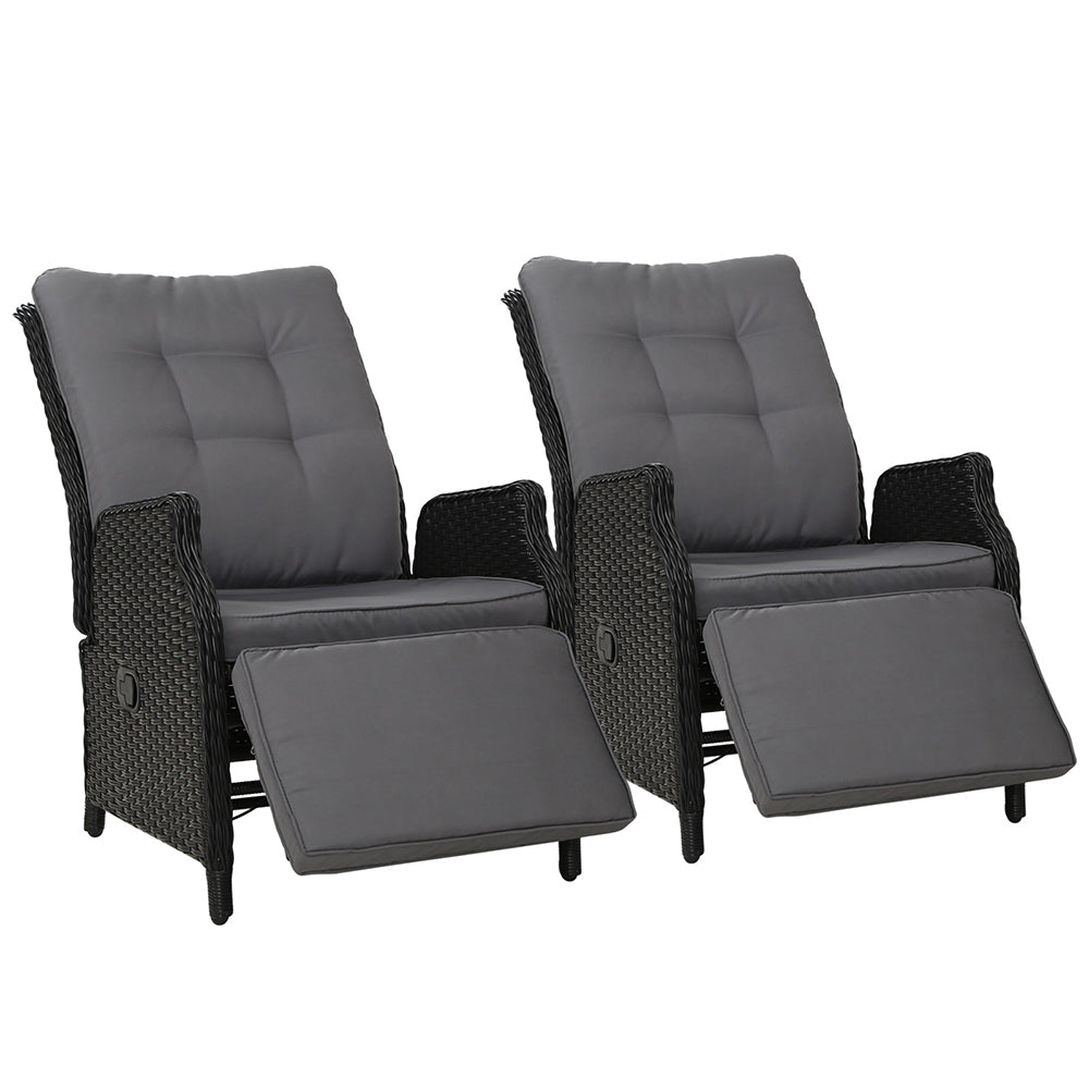Recliner Chairs Outdoor Patio Wicker Lounge Sofa Set of 2 - Black