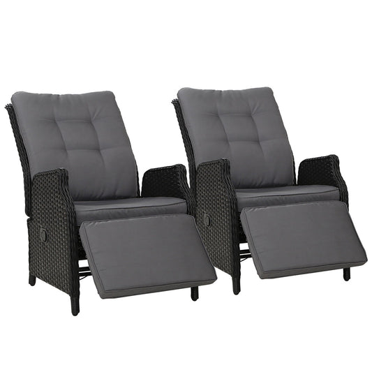 Recliner Chairs Outdoor Patio Wicker Lounge Sofa Set of 2 - Black