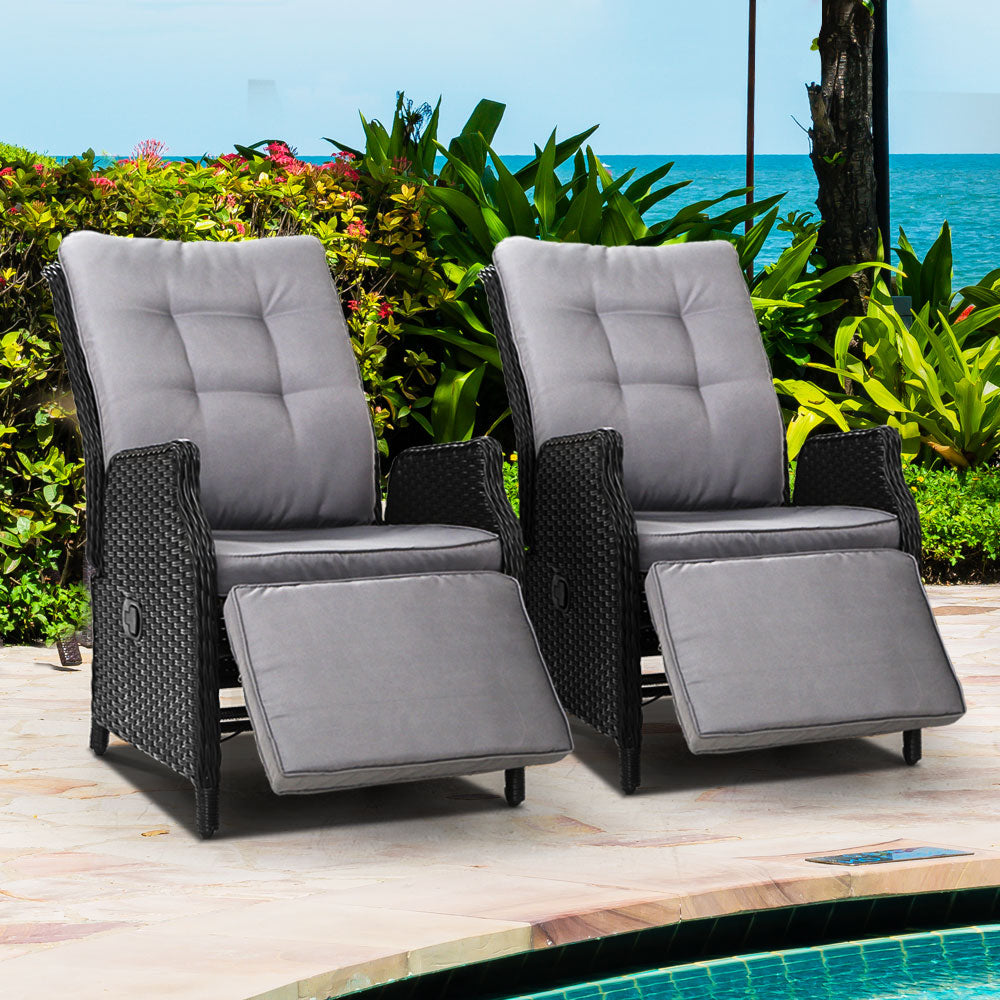 Recliner Chairs Outdoor Patio Wicker Lounge Sofa Set of 2 - Black