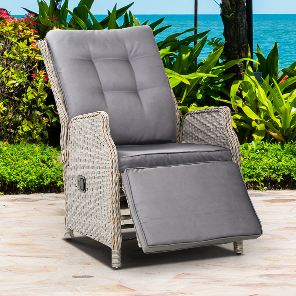 Outdoor Recliner Chair Furniture Patio Wicker Sofa Lounge Set - Grey
