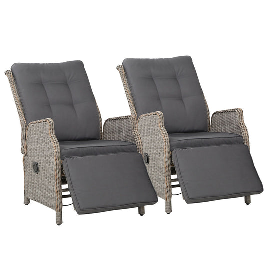 Recliner Chairs Outdoor Patio Wicker Lounge Sofa Set of 2 - Grey