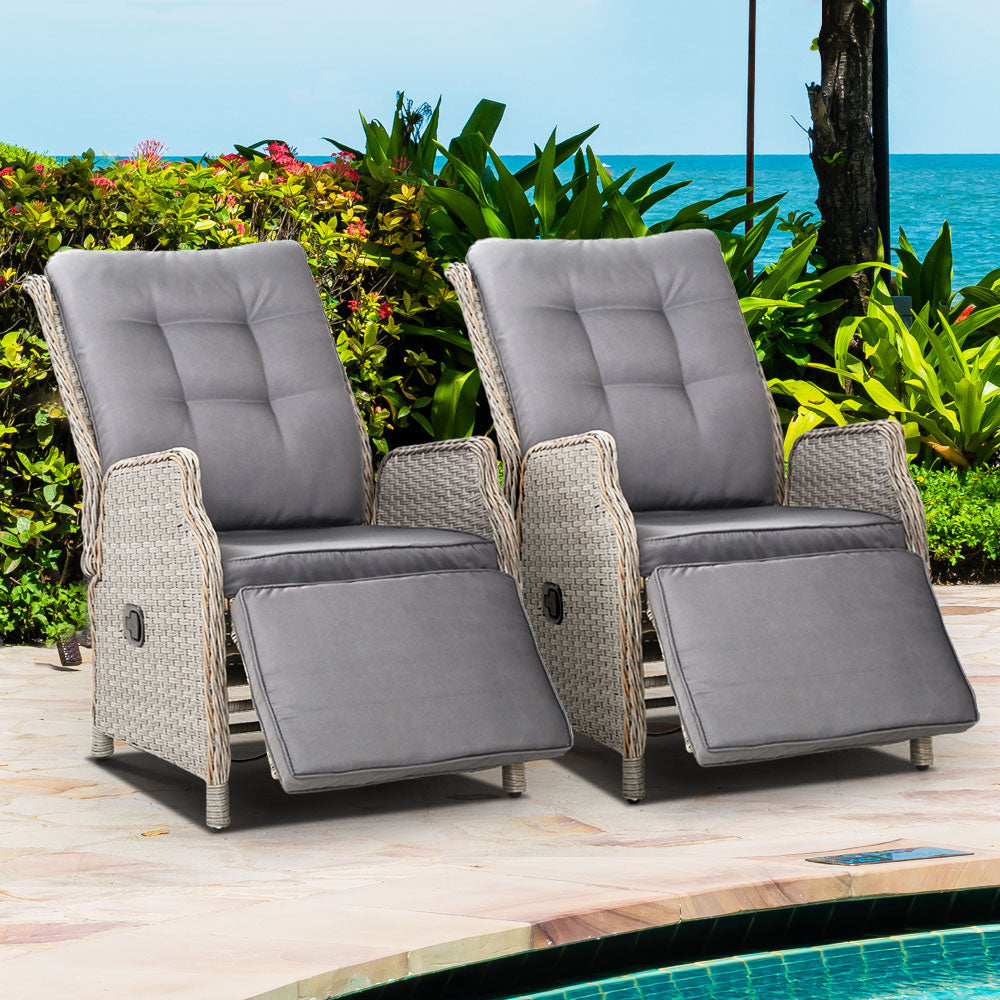 Recliner Chairs Outdoor Patio Wicker Lounge Sofa Set of 2 - Grey
