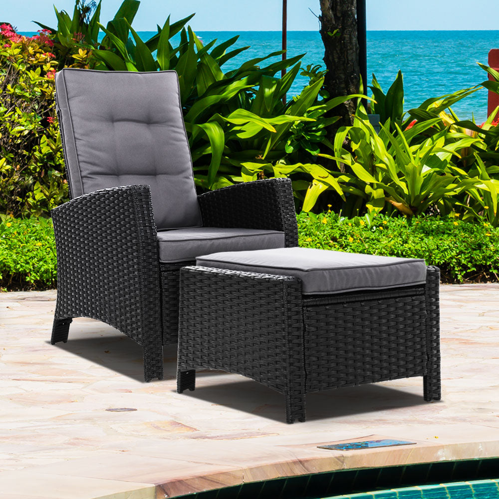 Sun Recliner Chair Wicker Sofa Outdoor Patio Garden Lounge - Black
