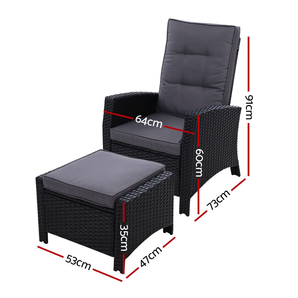 Sun Recliner Chair Outdoor Patio Garden Cushion Set of 2 - Black