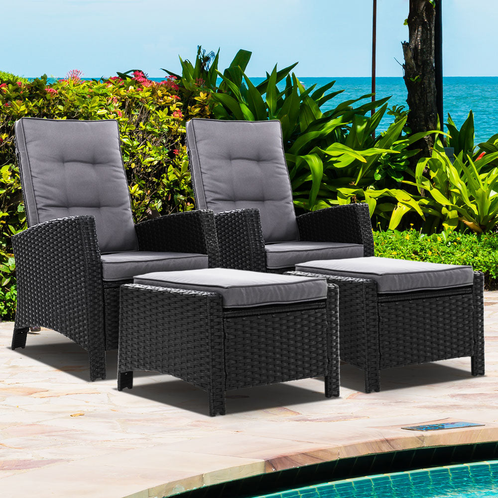 Sun Recliner Chair Outdoor Patio Garden Cushion Set of 2 - Black
