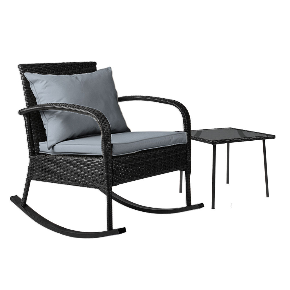Rocking Wicker Chairs Table Outdoor Set Recliner Patio - Black and Grey