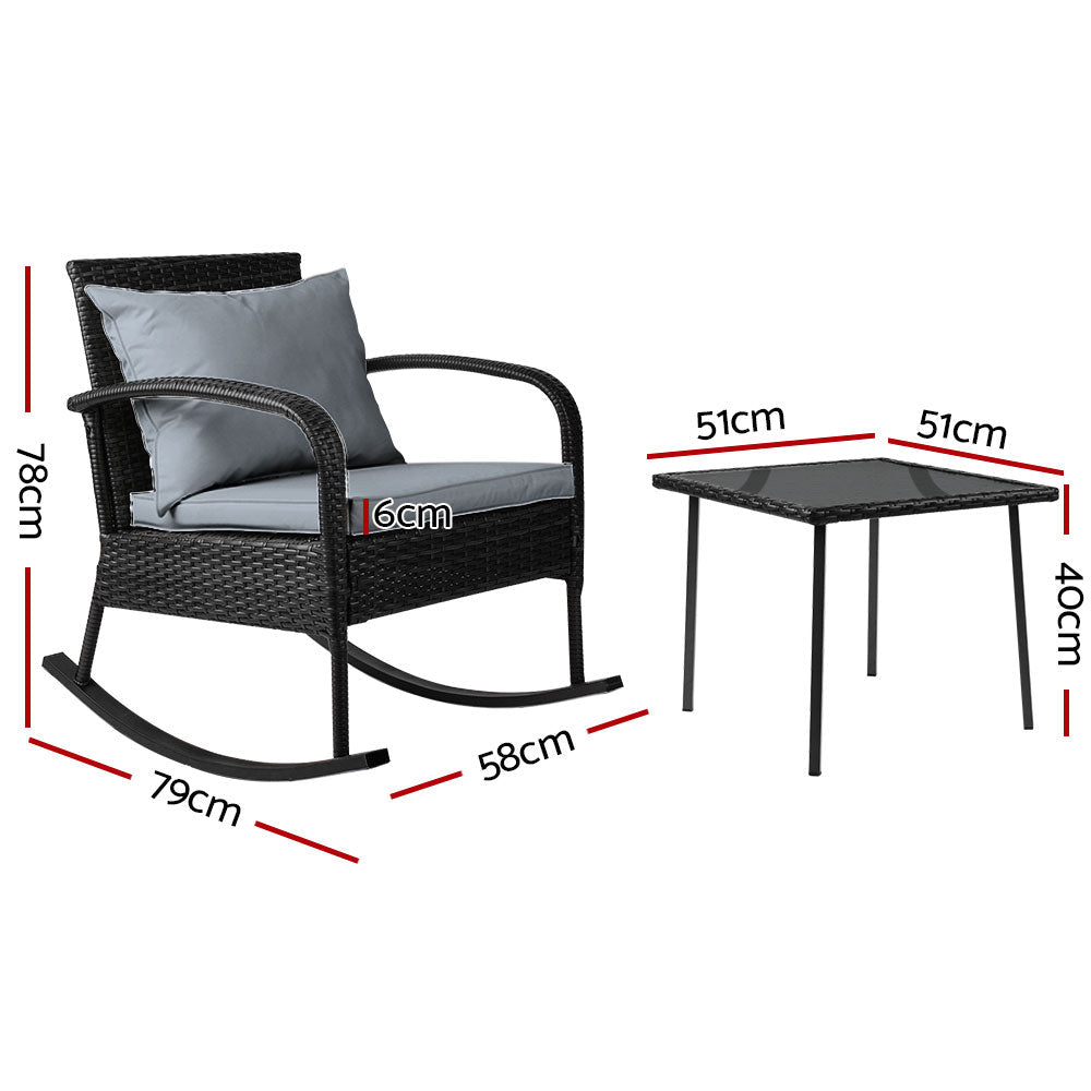 Rocking Wicker Chairs Table Outdoor Set Recliner Patio - Black and Grey