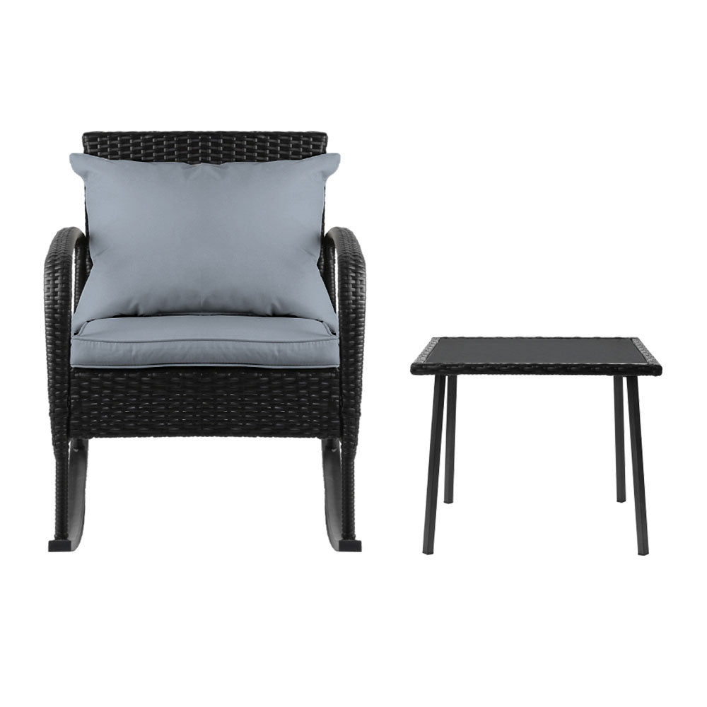 Rocking Wicker Chairs Table Outdoor Set Recliner Patio - Black and Grey