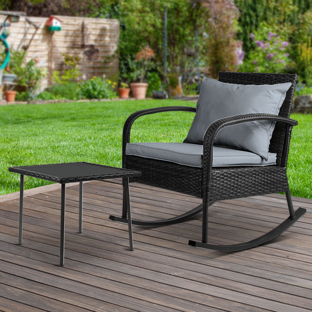 Rocking Wicker Chairs Table Outdoor Set Recliner Patio - Black and Grey