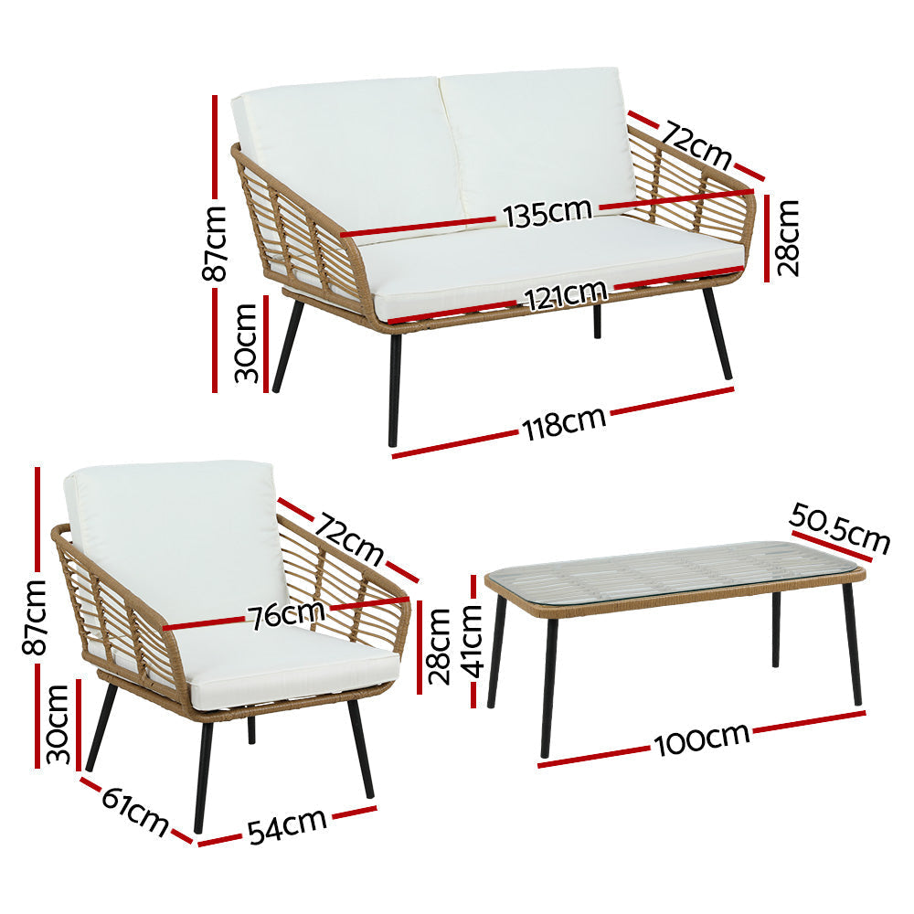 Outdoor Furniture Sofa Rattan Table Chairs Lounge Set - 4 Piece