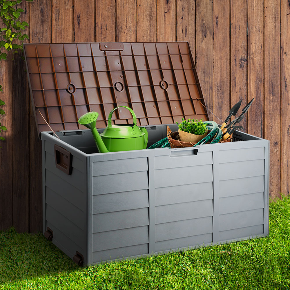 Lockable Outdoor Storage Container Box Brown Lid - 290L