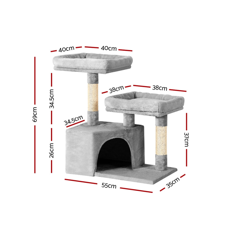 Cat Tree Tower Scratching Post Wood House Play Hutch - 69cm
