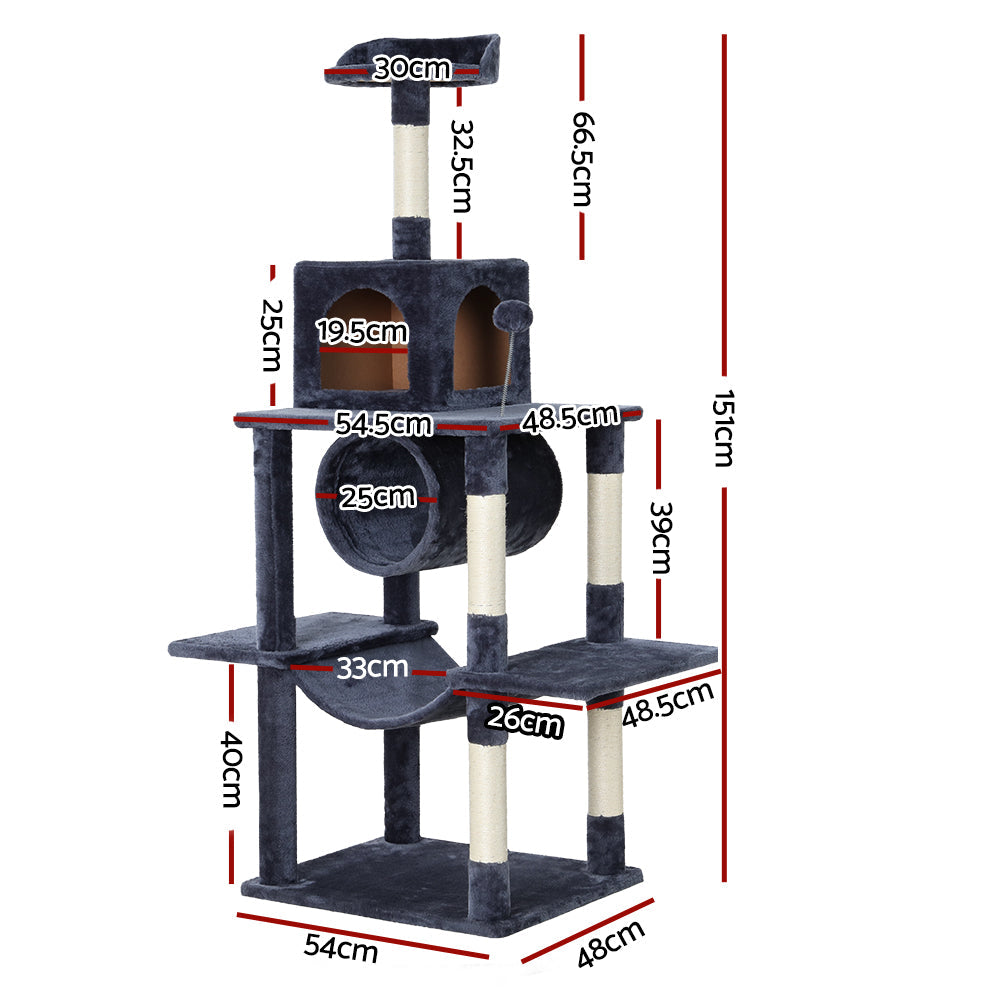 Cat Tree Tower Scratching Post Wood House Play Bed - 151cm