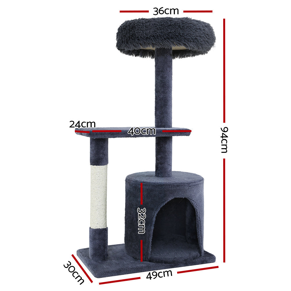 Cat Tree Scratching Post Tower House Hanging Toys Grey - 94cm
