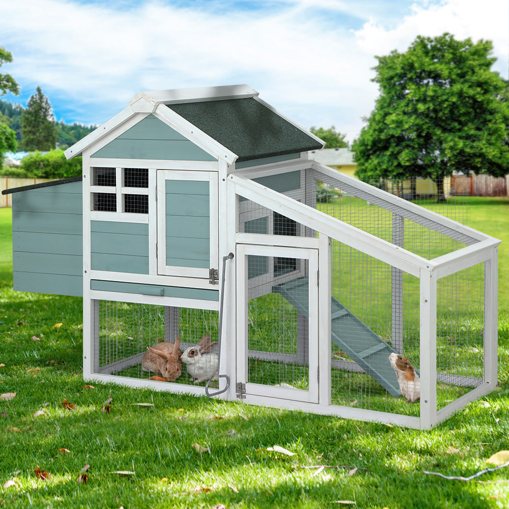 Chicken Coop Large Rabbit Cage Wooden Outdoor Pet Hutch - Green White