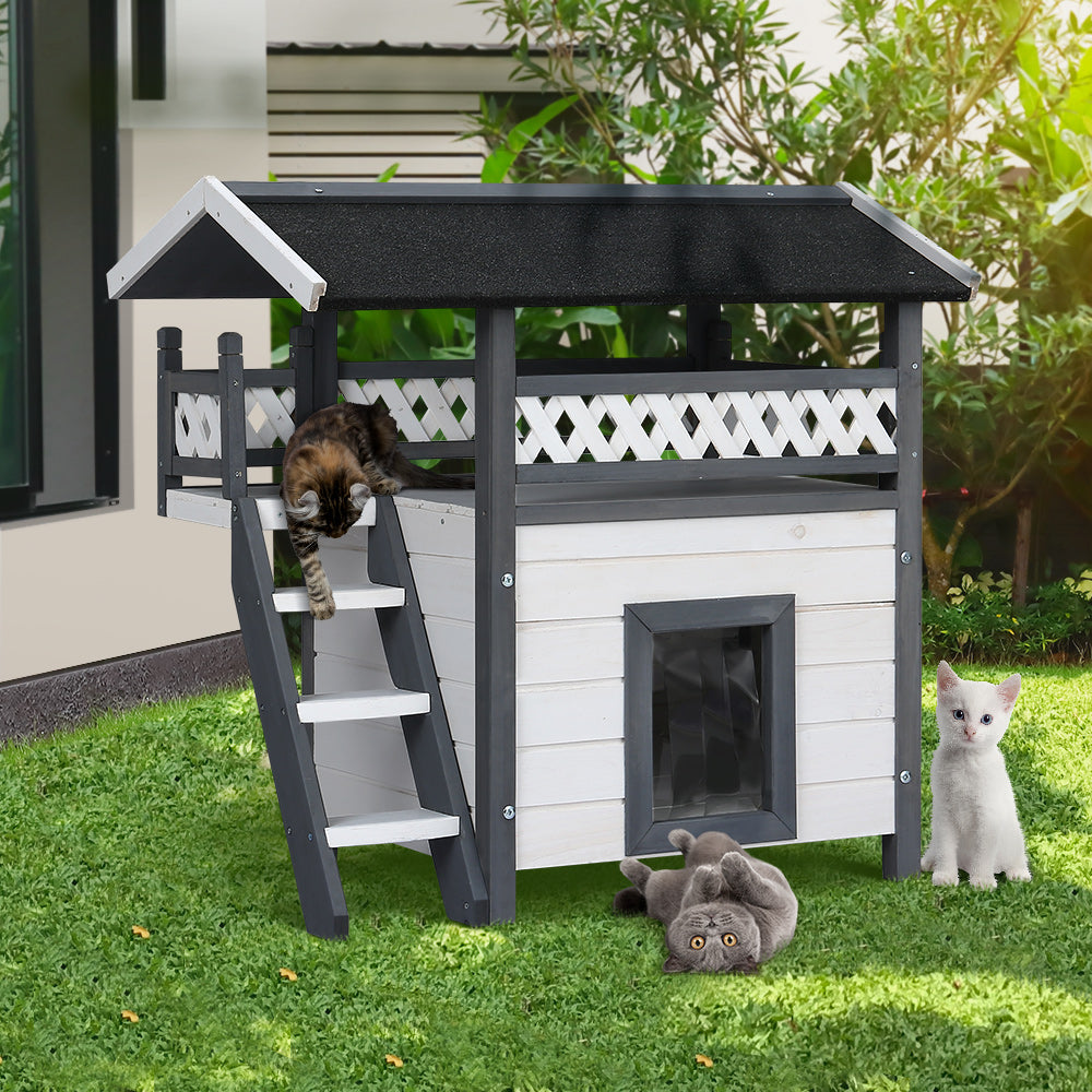 Rabbit Hutch Cat Shelter Outdoor Wooden Small Pet Kennel - Grey and White