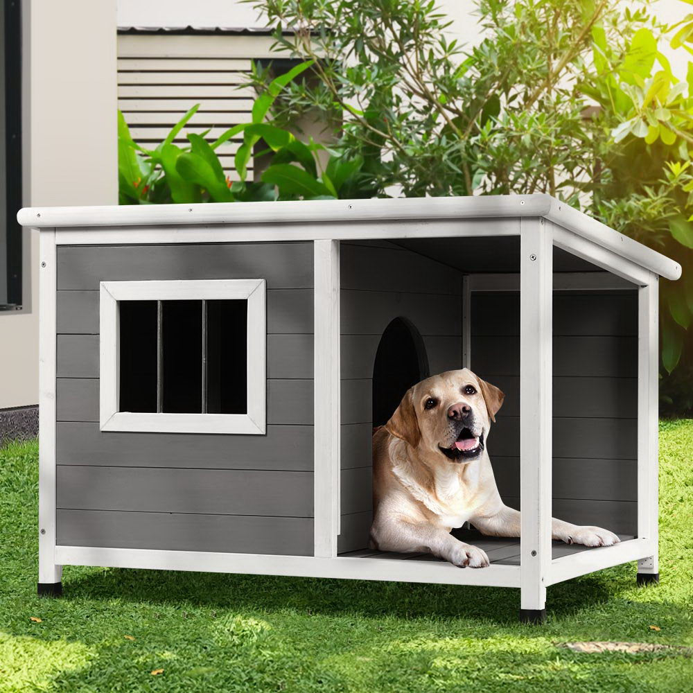 Dog Kennel House Large Wooden Pet Outdoor Cabin Log - Grey White