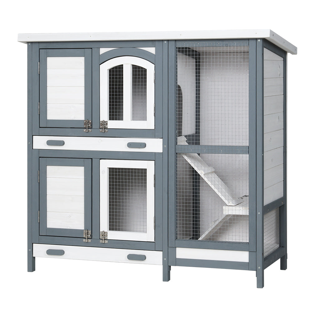 Rabbit Hutch Cat Shelter Outdoor Wooden Small Pet Kennel - White Grey
