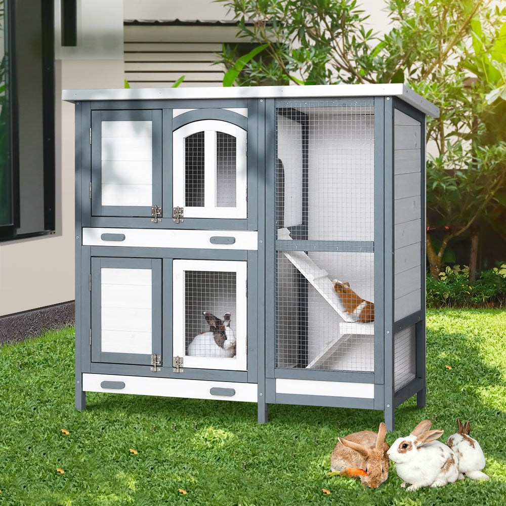 Rabbit Hutch Cat Shelter Outdoor Wooden Small Pet Kennel - White Grey