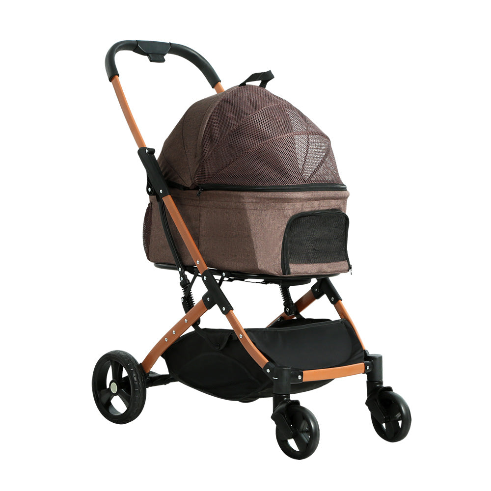 Pet Stroller Dog Large Cat Carrier Travel Foldable 4 Wheels - Brown