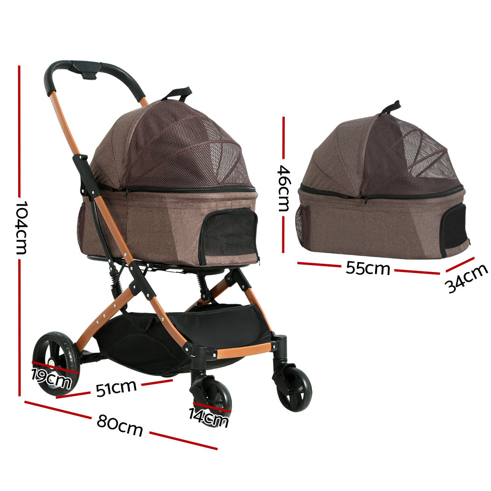 Pet Stroller Dog Large Cat Carrier Travel Foldable 4 Wheels - Brown