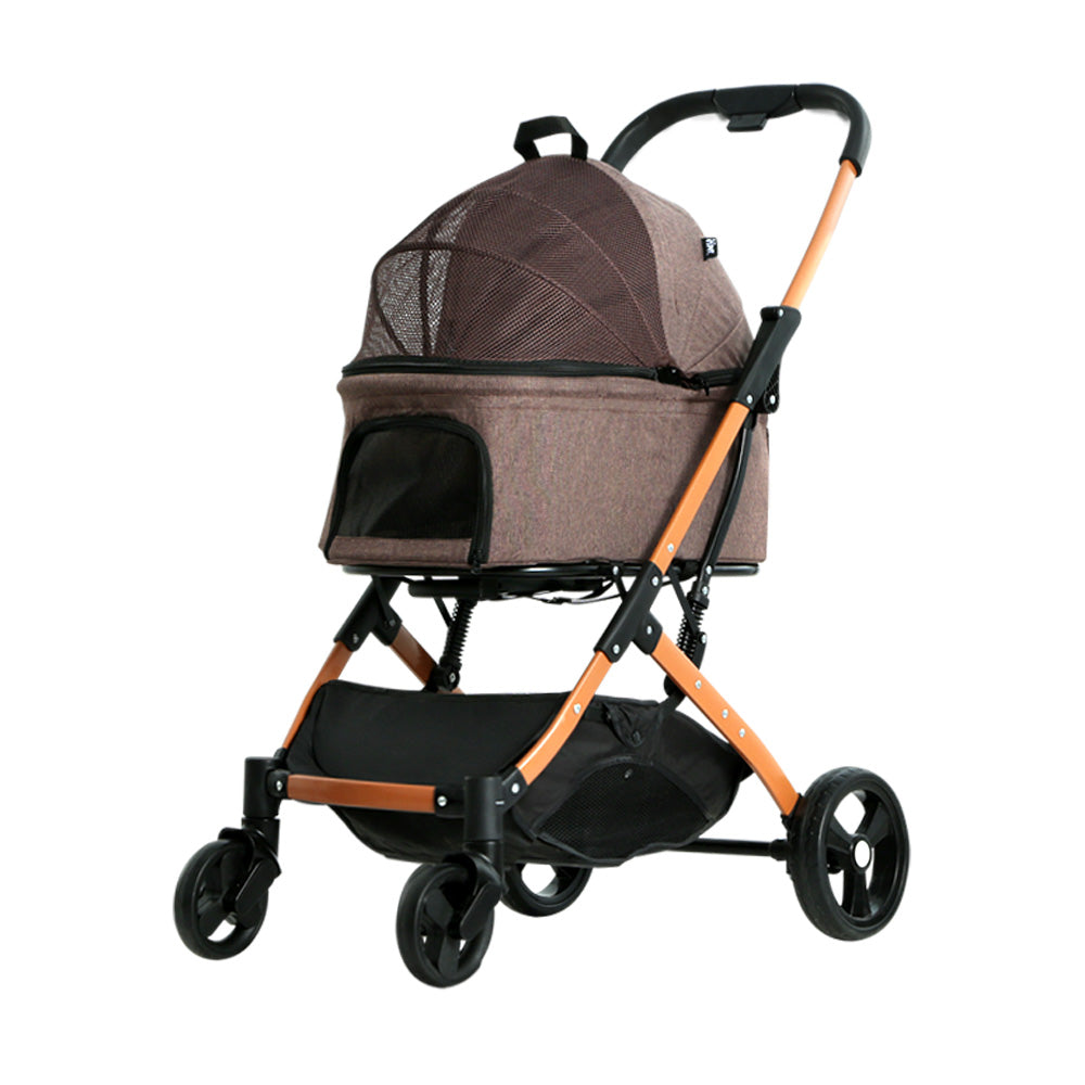 Pet Stroller Dog Large Cat Carrier Travel Foldable 4 Wheels - Brown