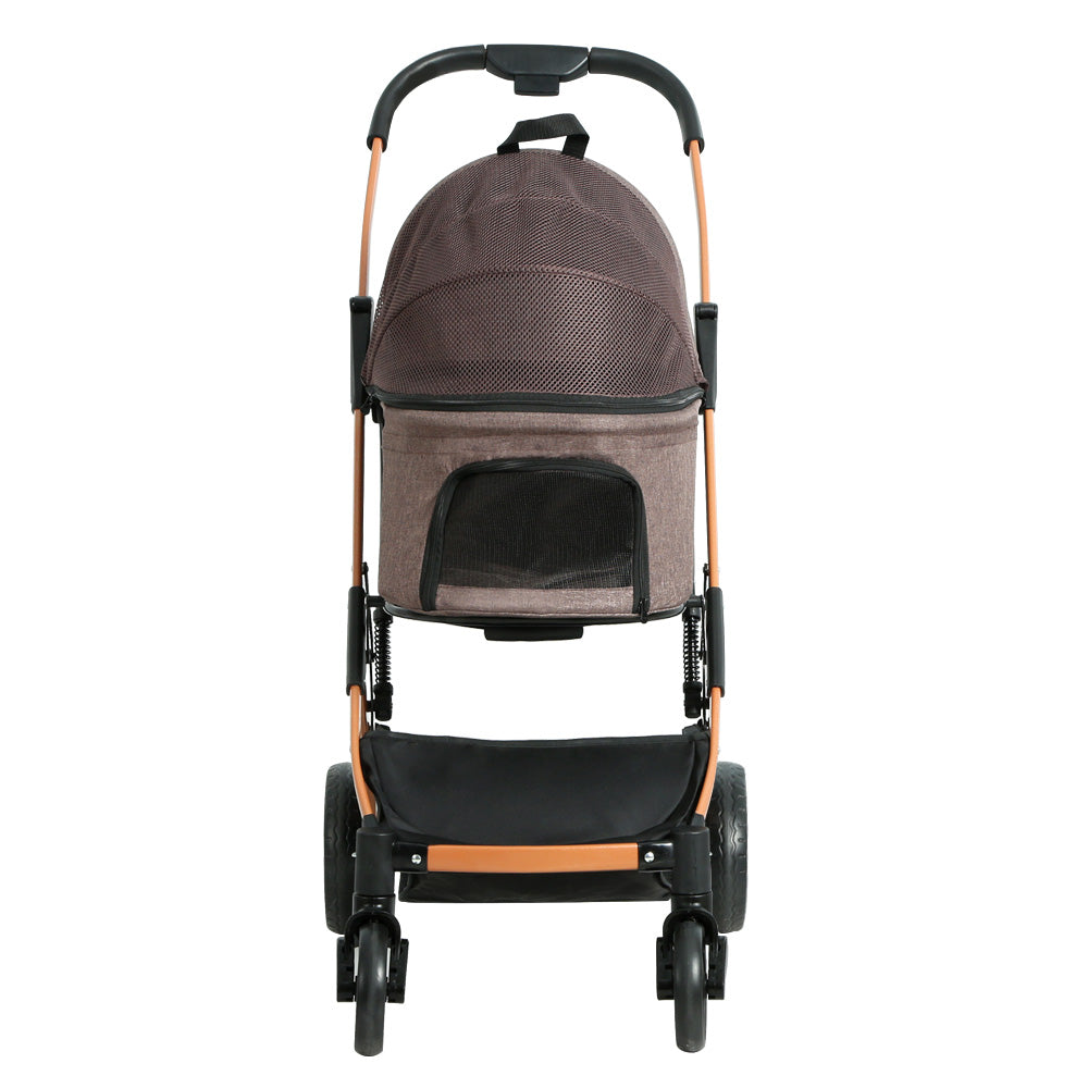 Pet Stroller Dog Large Cat Carrier Travel Foldable 4 Wheels - Brown