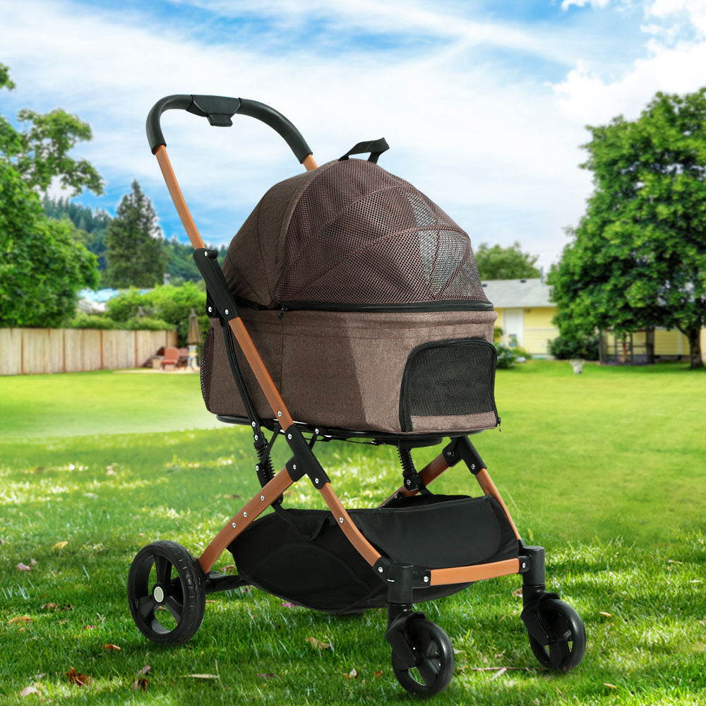 Pet Stroller Dog Large Cat Carrier Travel Foldable 4 Wheels - Brown
