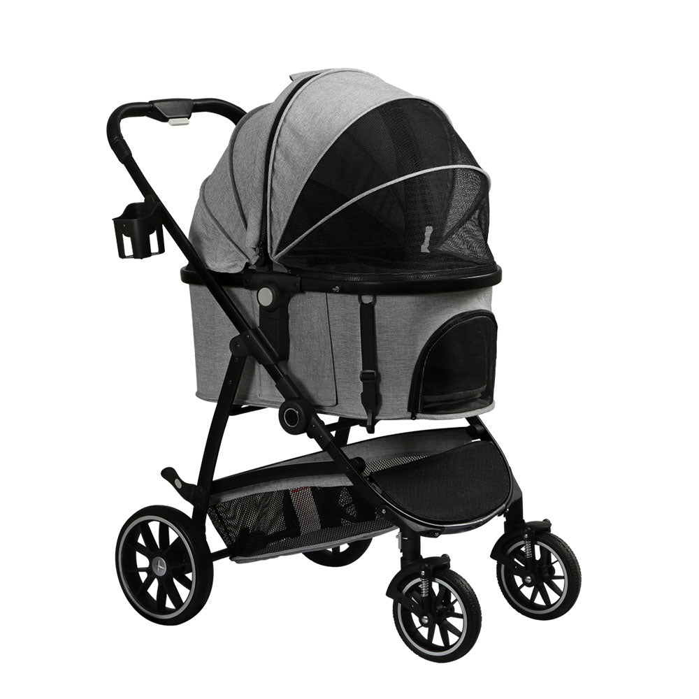 Pet Stroller Dog Large Cat Carrier Travel Foldable 4 Wheels - Grey